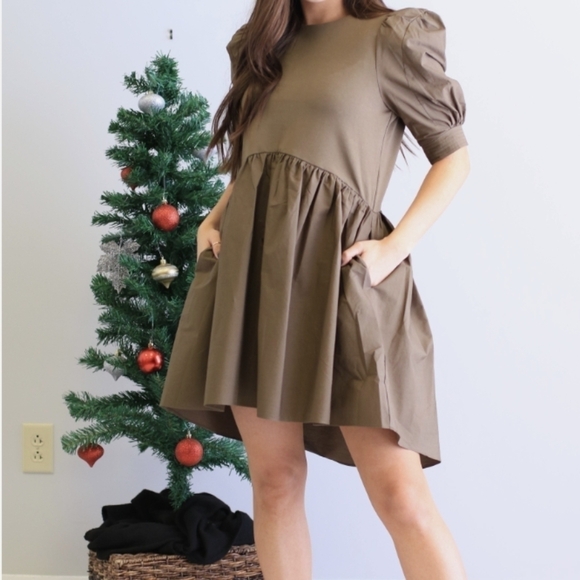 English Factory Olive green Preppy Puffy Sleeves Mini dress Side Pockets Size XS - Picture 3 of 13